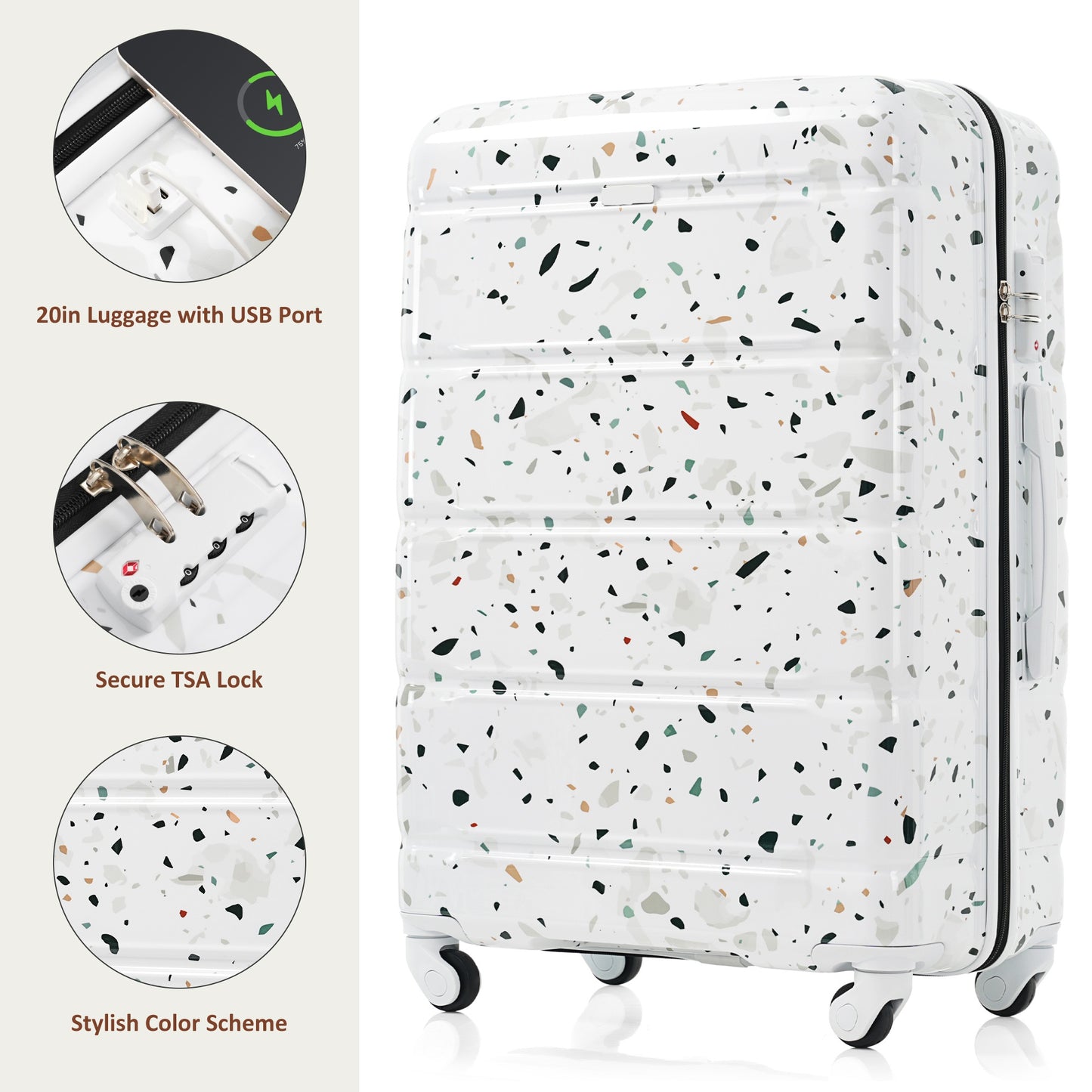 Luggage Set Of 3, 20-inch With USB Port, Airline Certified Carry-on Luggage  , ABS PC Hard Shell Luggage With Spinner Wheels,starry Sky White