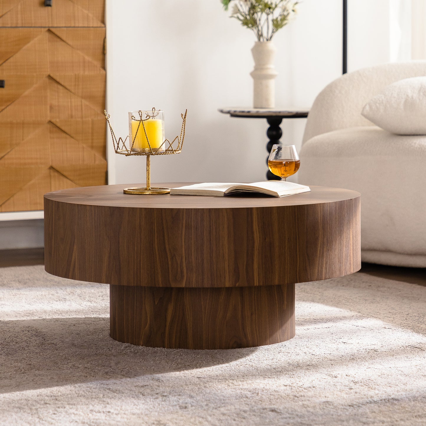 Round Wood 30.51 Inch Coffee Table For Living Room Table Walnut Suitable For Bedroom, Living Room, Office