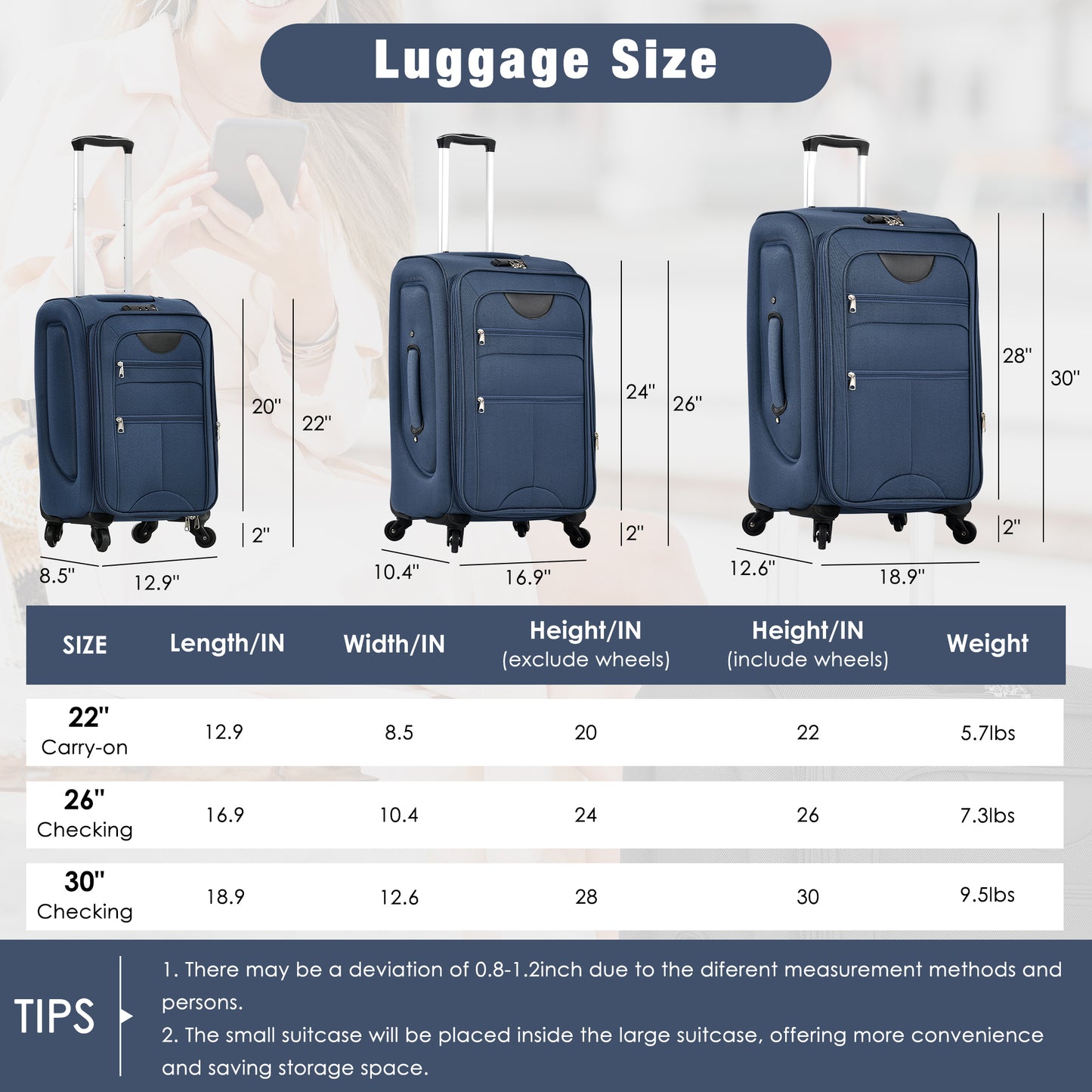 Softside Luggage Expandable 3 Piece Set Suitcase With Duffel Bag Upright Spinner Softshell Lightweight Luggage Travel Set-22-26-30 IN