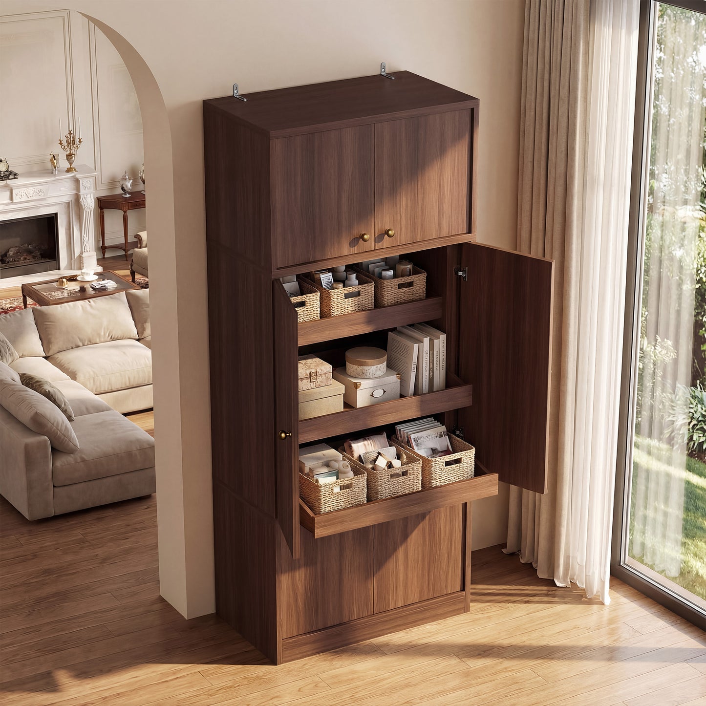 Tall Kitchen Pantry Cabinet 71 Inch Freestanding Storage Cabinet With Doors And Shelves, Adjustable Shelves, E1-Grade Wood, Walnut For Kitchen Pantry, Pantry Cabinets For Kitchen Storage