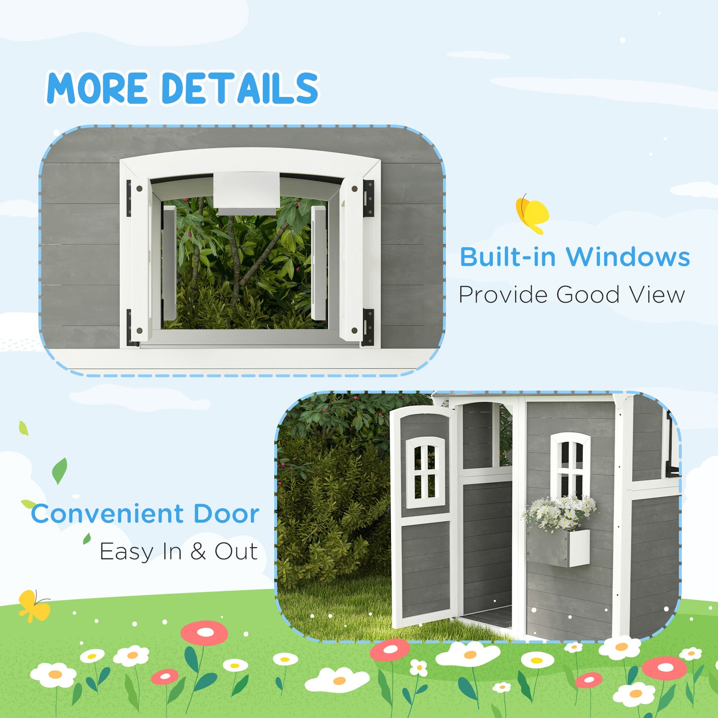 Outdoor Wooden Playhouse for Kids with Floor, Door, Windows, Planter Box for 3-8 Years Old, Backyard, Lawn, Garden