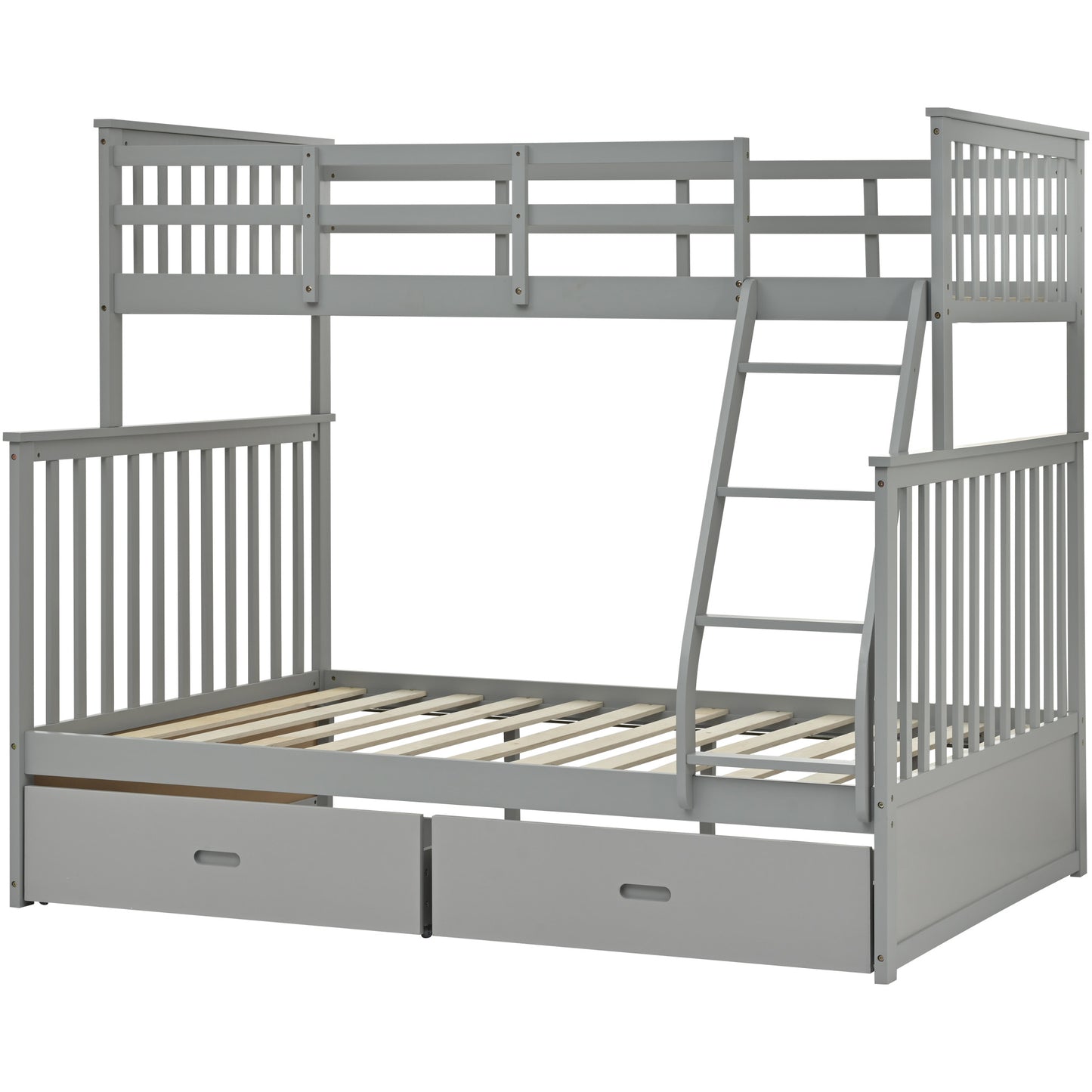 Twin Over Full Bunk Bed With Storage Drawers, Wooden Bunk Bed With Ladder And Safety Guard Rails -Gray