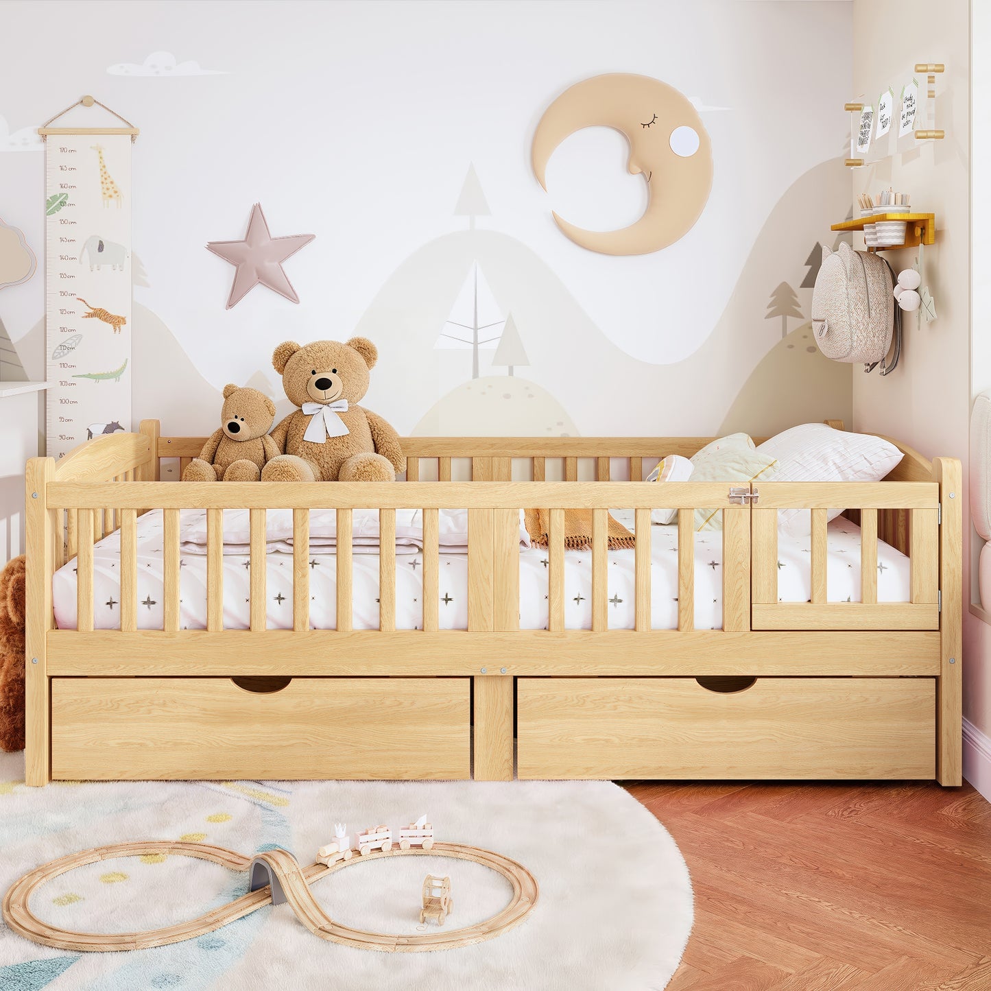 Twin Platform Bed With Full-length Guardrails, Kids Platform Bed With Storage Drawers, Childlike And Cute Headboard Design, Natural