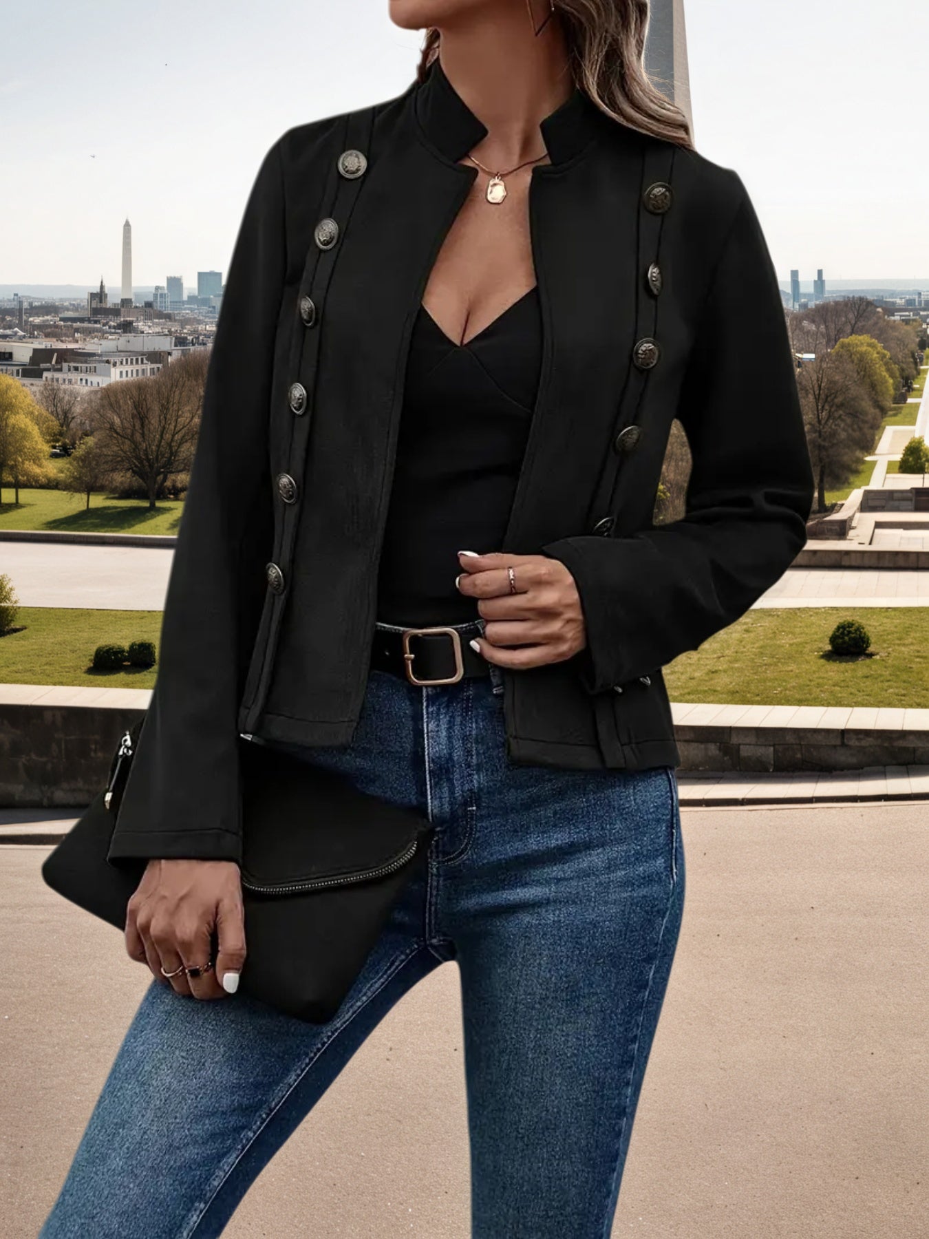 2025 New Women's Fashion Casual Women's Jacket, Solid Color Double Breasted Decorative Jacket, Spring And Autumn Retro Long Sleeve Jacket, Women's Clothing