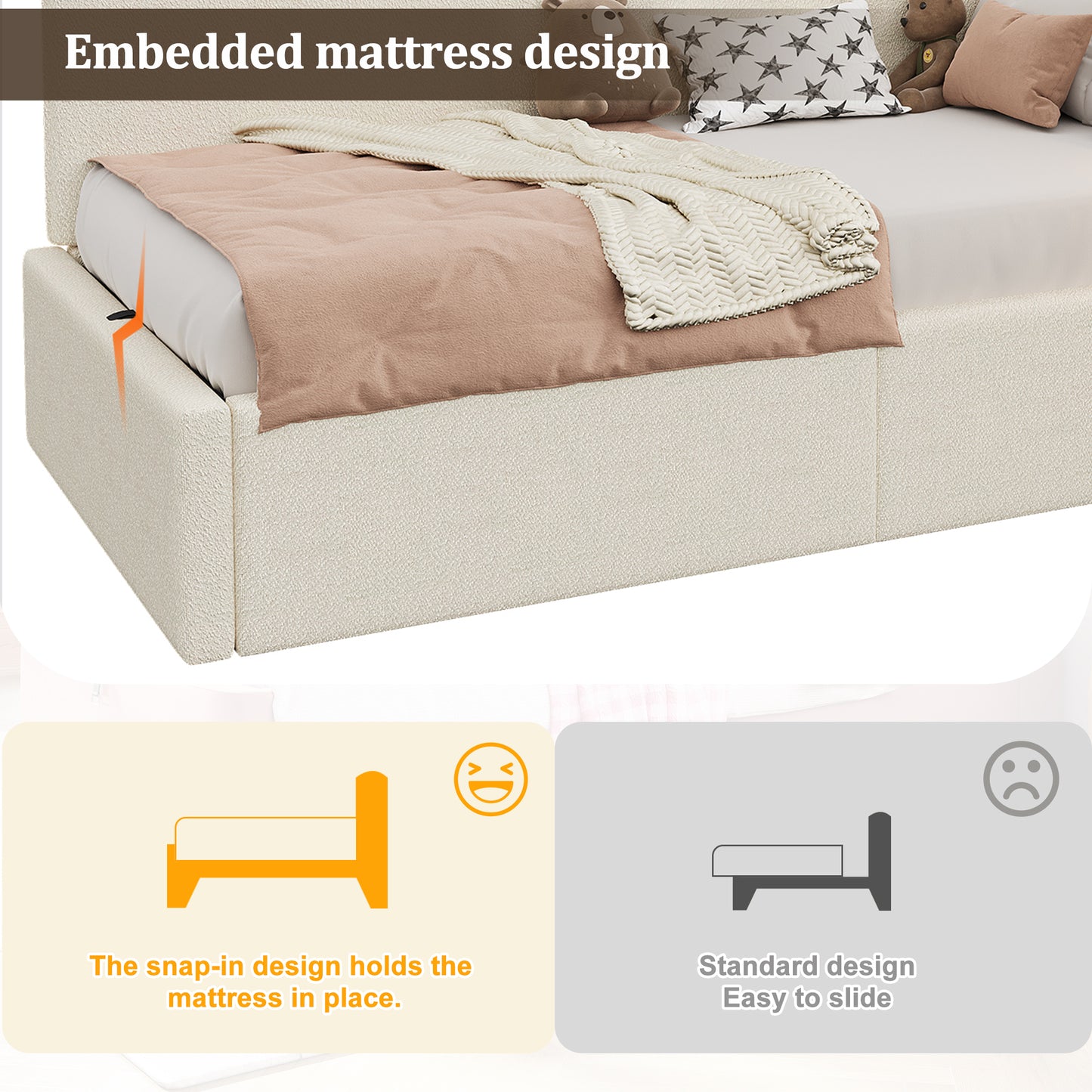 Daybed,  3FT Single Bed 90X190cm, L-shaped Upholstered With Storage, Sofa Bed, Hydraulic Bed With USB Charging Port And Reading Lamp, Beige Boucl