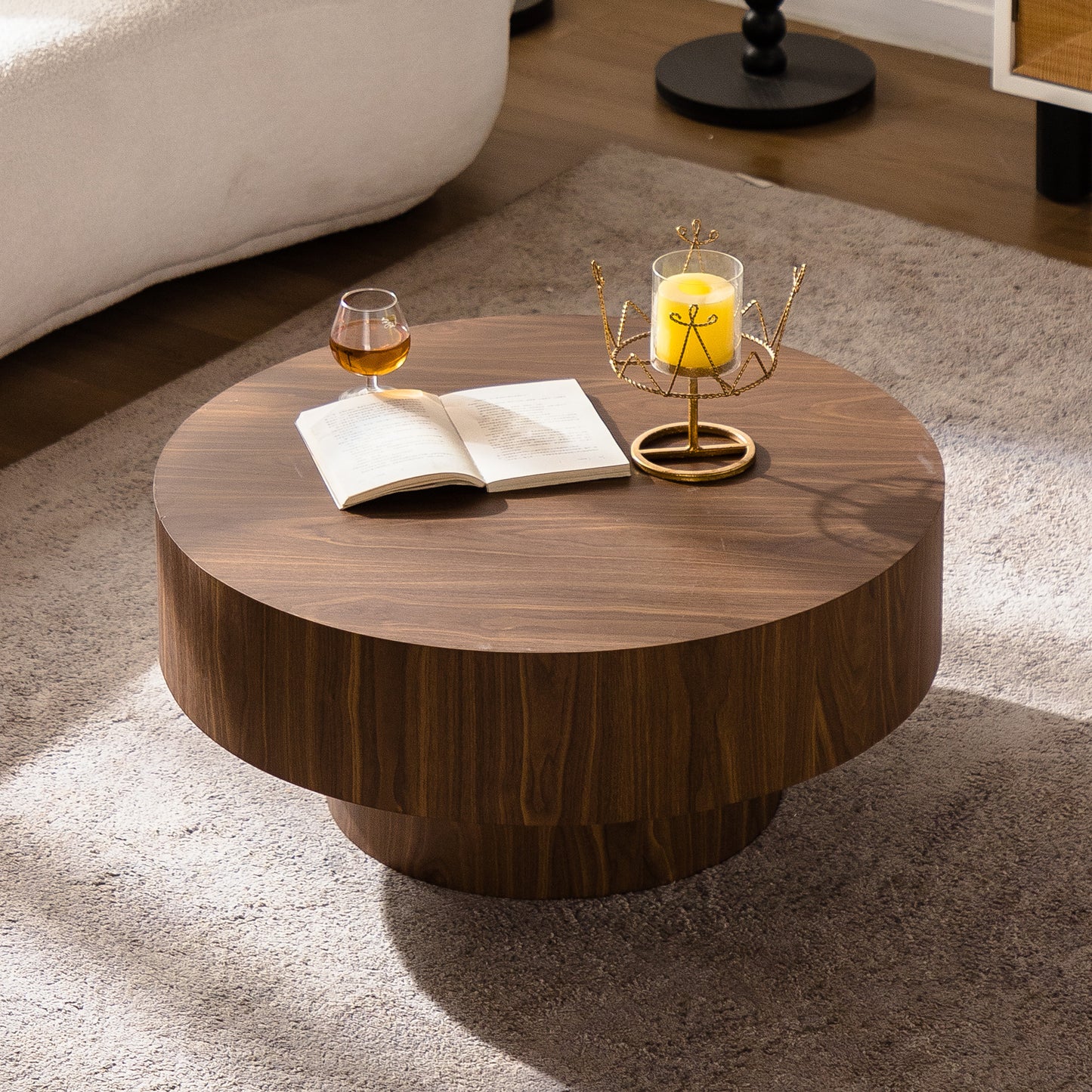 Round Wood 30.51 Inch Coffee Table For Living Room Table Walnut Suitable For Bedroom, Living Room, Office