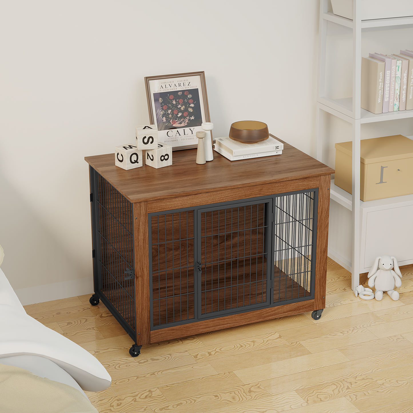 38.6 Dog Crate Furniture With Wheels For Small Dogs, Heavy Duty Dog Kennel Indoor With 2 Doors, Wooden Pet Cage End Table, Double-Doors Sturdy Metal Dog Cage For Anxiety Dog