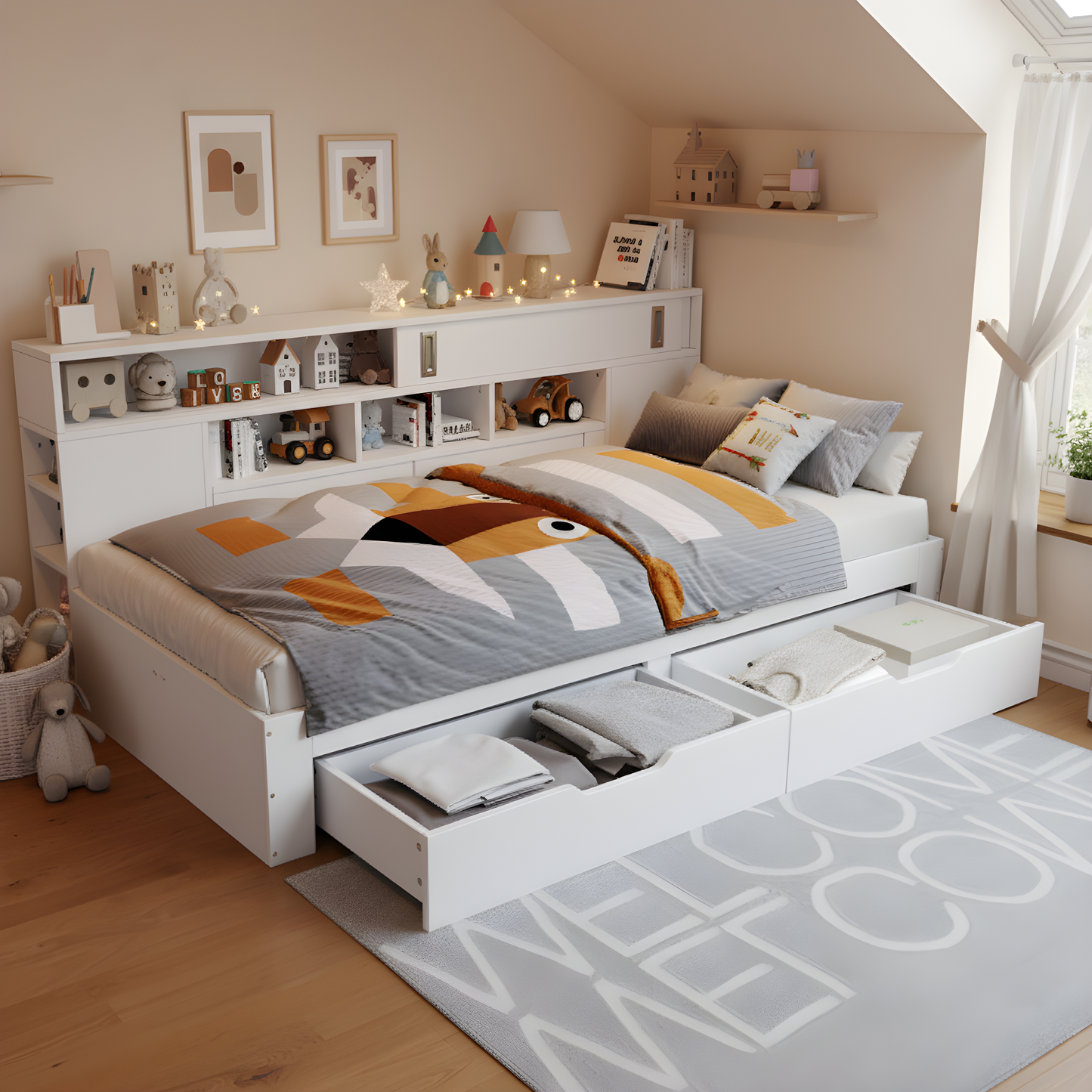 Sofa Bed, Storage Dayed,Double Bed-4ft6135x190 Cm, Multifunctional Storage Bed With Drawers, Shelves And Storage Cabinets, Bed Box With Storage Space, Suitable For Adults, Mattress Not Included, White