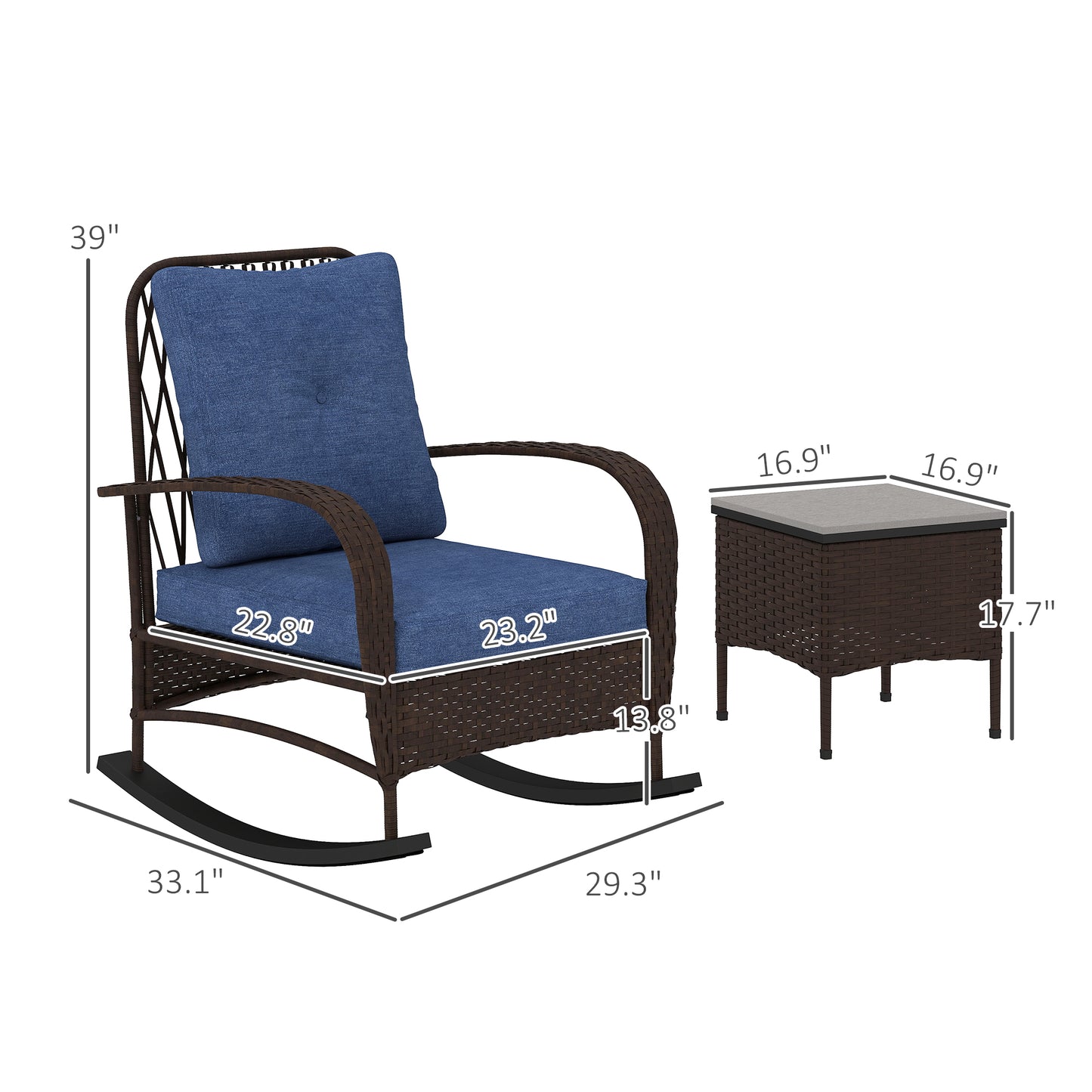 3 Piece Wicker Patio Furniture Set, Outdoor PE Rattan Rocking Chairs With Coffee Table, Cushions For Porch, Brown