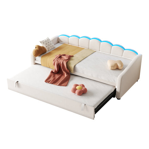 Upholstered Bed 90x190cm, Daybed, Sofa Bed With RGB LED Lighting, 3ft Petal Shape Single Bed With Trundle,Pull Out Trundle Bed For Living Room BedroomStudy Room, Velvet, Beige