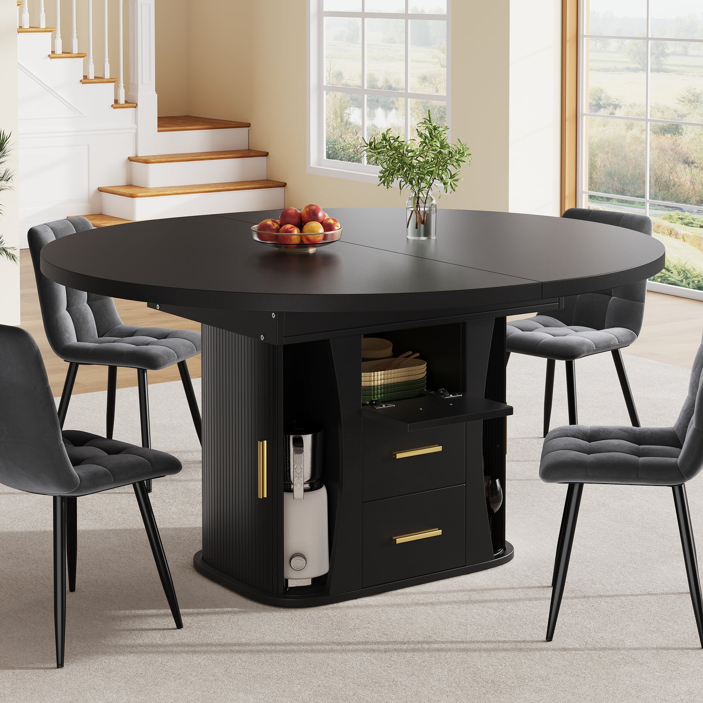 Extendable Dining Table, Dining Room Table, Kitchen Table, Round Dining Table, Extends To Oval, 118-158 Cm, Seats Up To 6 People, Three-tier Storage, Black