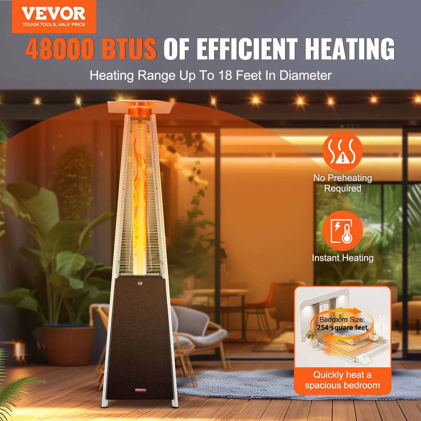 Propane Patio Heater 48000BTU Pyramid W/Wheels For Outdoor Patio Bronze