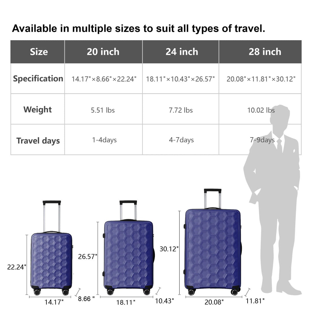 3-Piece Luggage Set Travel Lightweight Suitcases With Rolling Wheels, TSA Lock & Moulded Corner, Carry On Luggages For Business, Trip, 20-24-28, Navy Blue