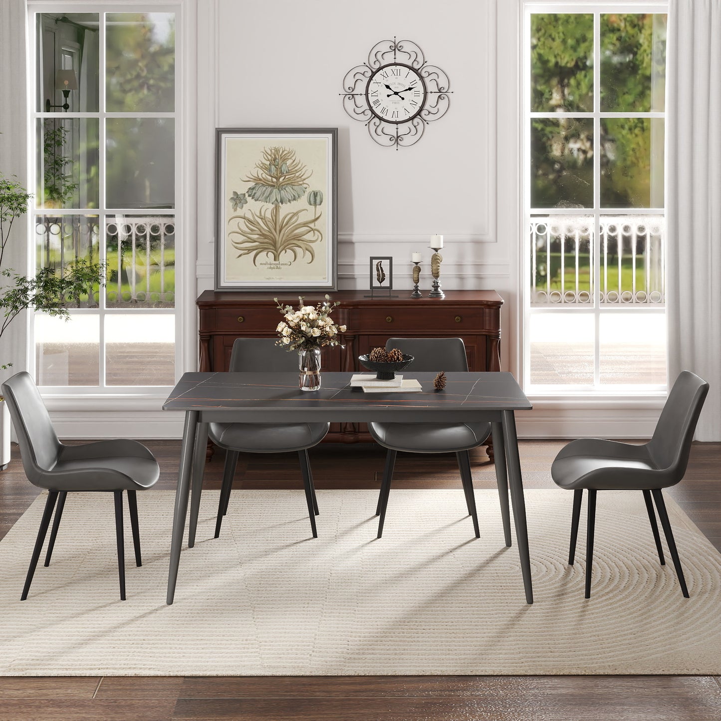 55.12  Modern Artificial Stone Black Straight Edge Dark Grey Metal Leg Dining Table-Can Accommodate 6 People Dining Table Only