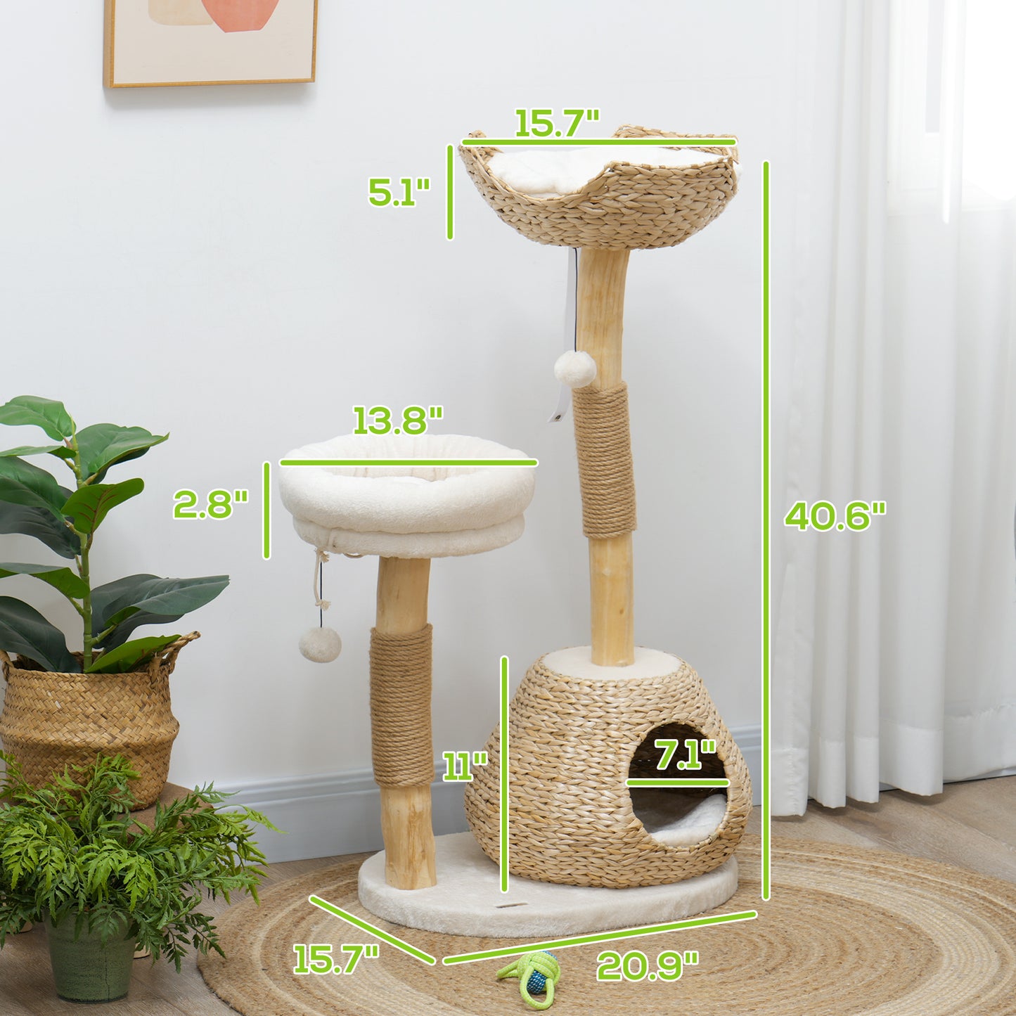41" Cat Tree For Indoor Cats With Wooden Cat Scratching Posts, Cat Condo, Cat Beds & Toy Balls, Cream White