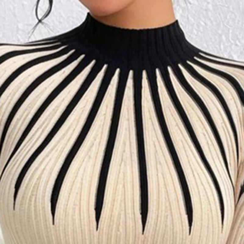 Womens Slim Fit Mock Neck Sweater, Ribbed Striped Long Sleeve Knit For Fall Winter
