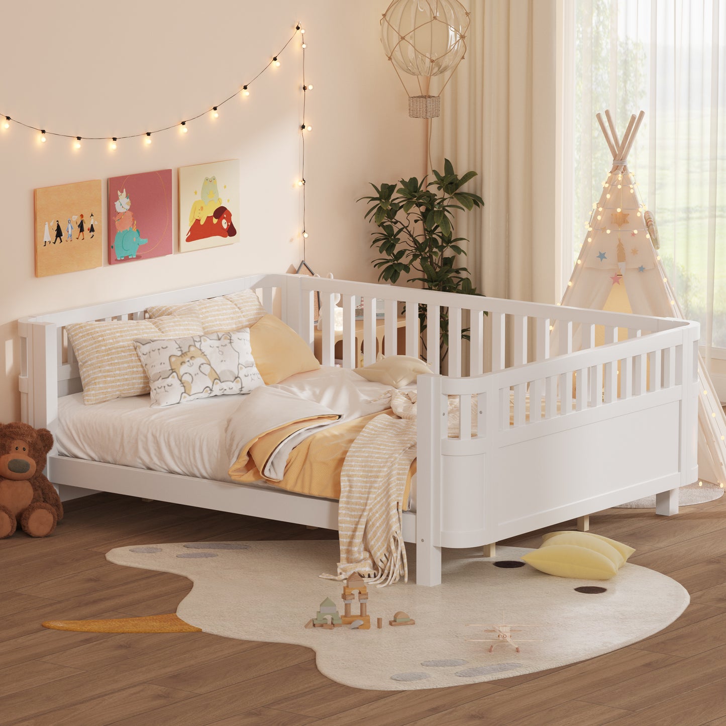 Queen Size Wood Platform Bed, Wood Low Profile Queen Bed With Rails For Girls And Boys, White