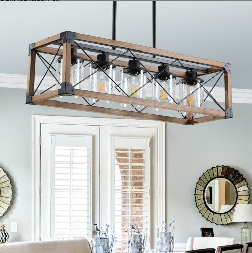 32 Inch Walnut Industrial Farmhouse Rectangle Pendant Light, 5-Light Chandelier With Lampshades For Dining Room, Kitchen Island, Cafe Decor No Bulbs