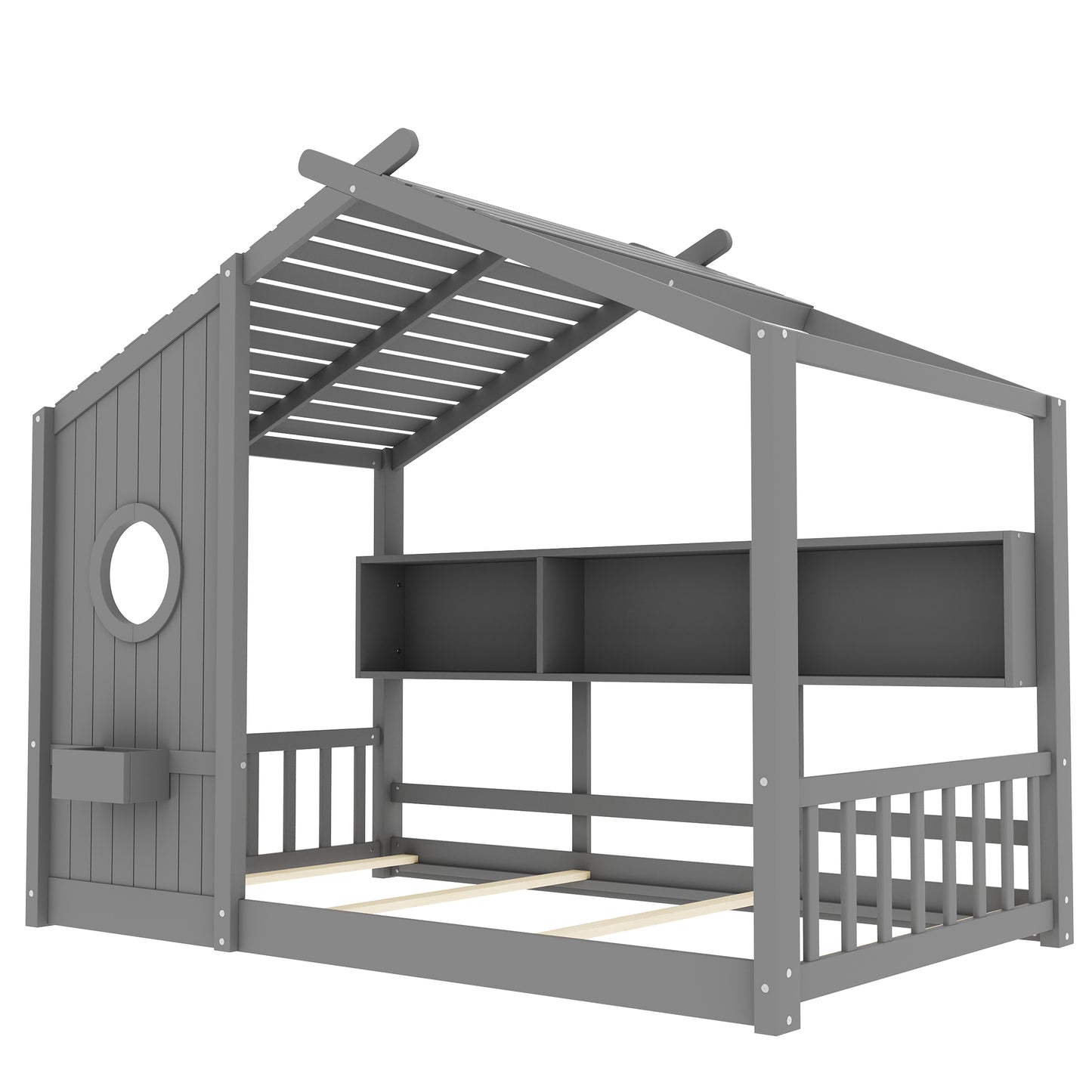 Twin Size Floor House Bed For Toddler, Kids Montessori Bed  With Storage Shelf, Playhouse Bed With Roof Design, Gray