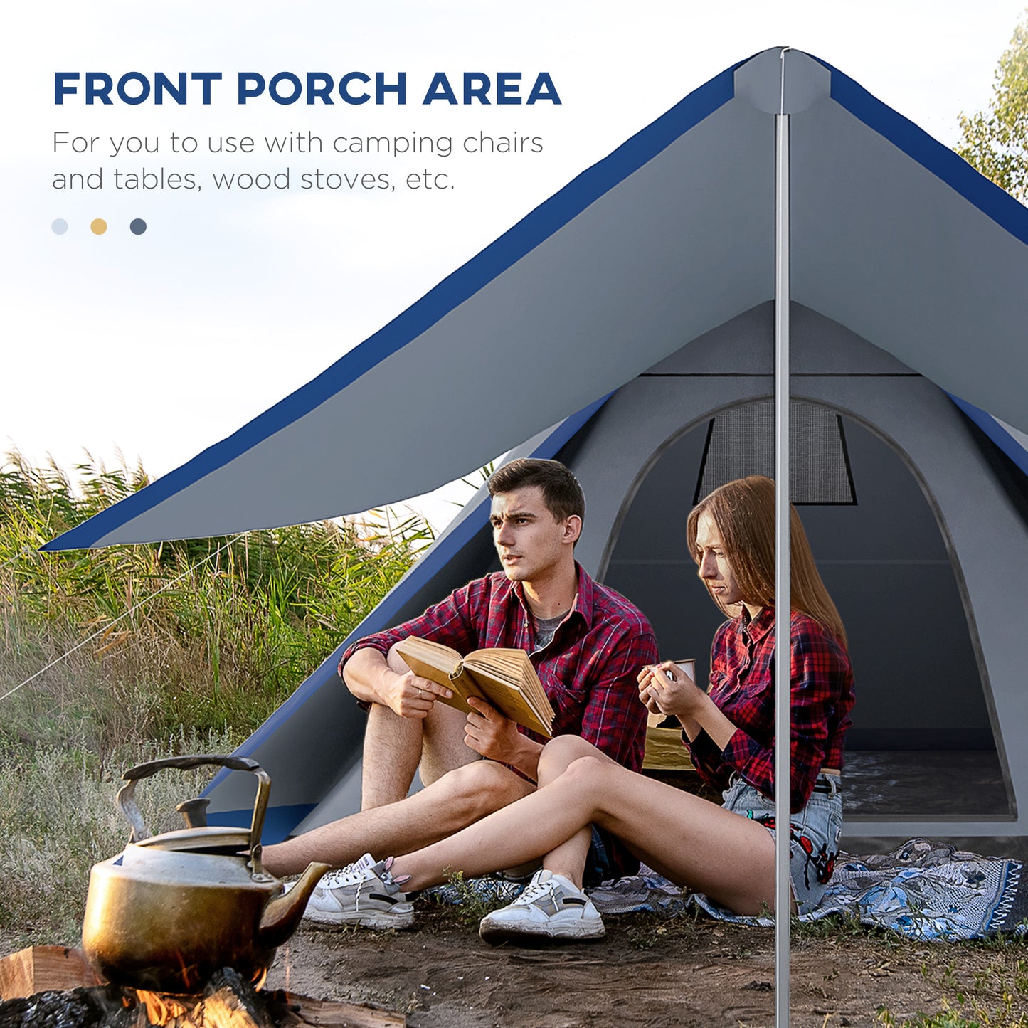 15.4'x15.4'x8.5' Teepee Tent, Waterproof Camping Tent With Porch Area, Floor And Carry Bag, For 2-3 Person Outdoor Backpacking Camping Hiking, Blue
