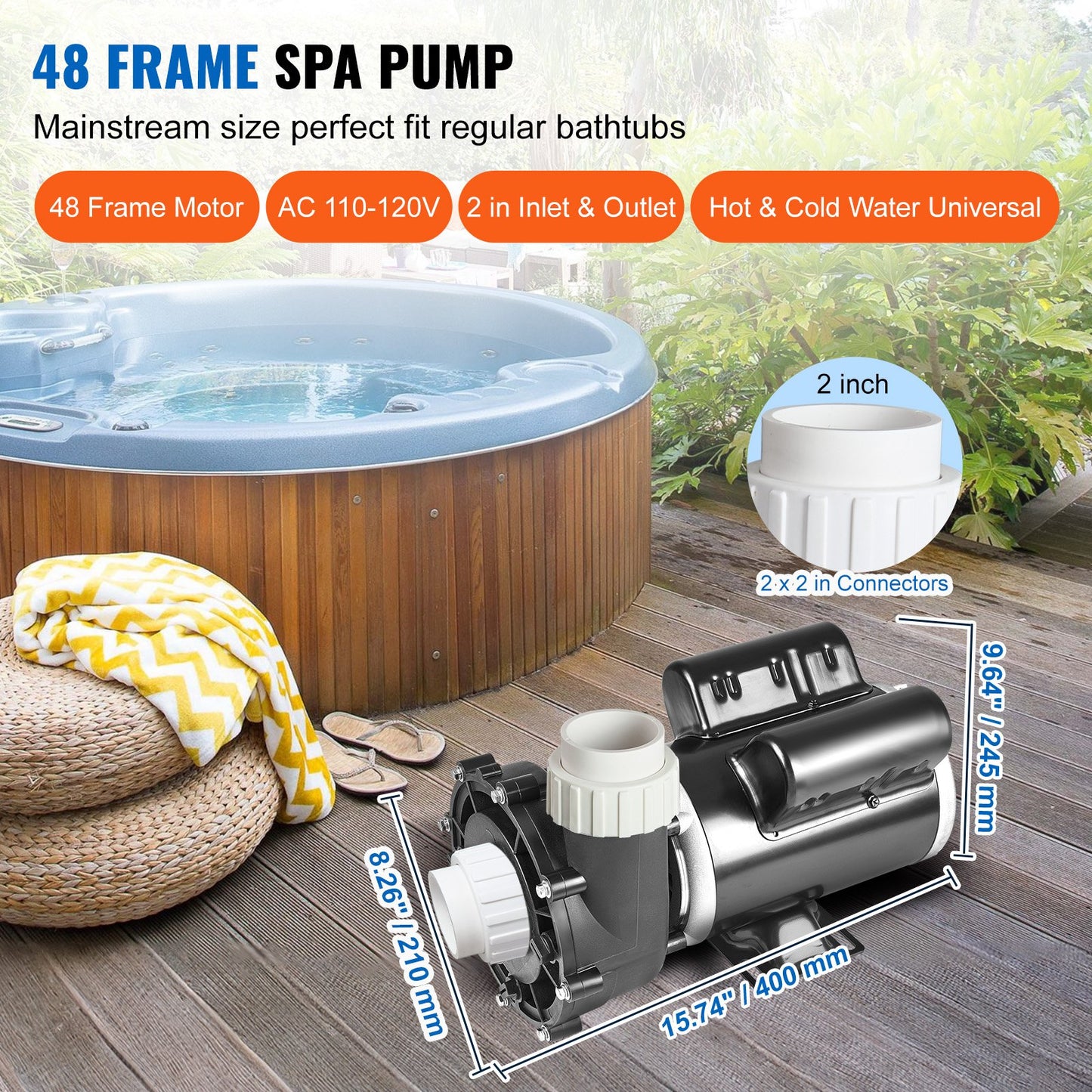 2 Speed SPA Pump, 48-Frame, AC 110-120V Hot Tub SPA Pump, 1.5HP/150GPM/42.65ft High Speed Or 0.46HP/70GPM/9.18ft Low Speed, 2' Port 90° Rotational Interface For Hot Tub, Tested To UL Standards