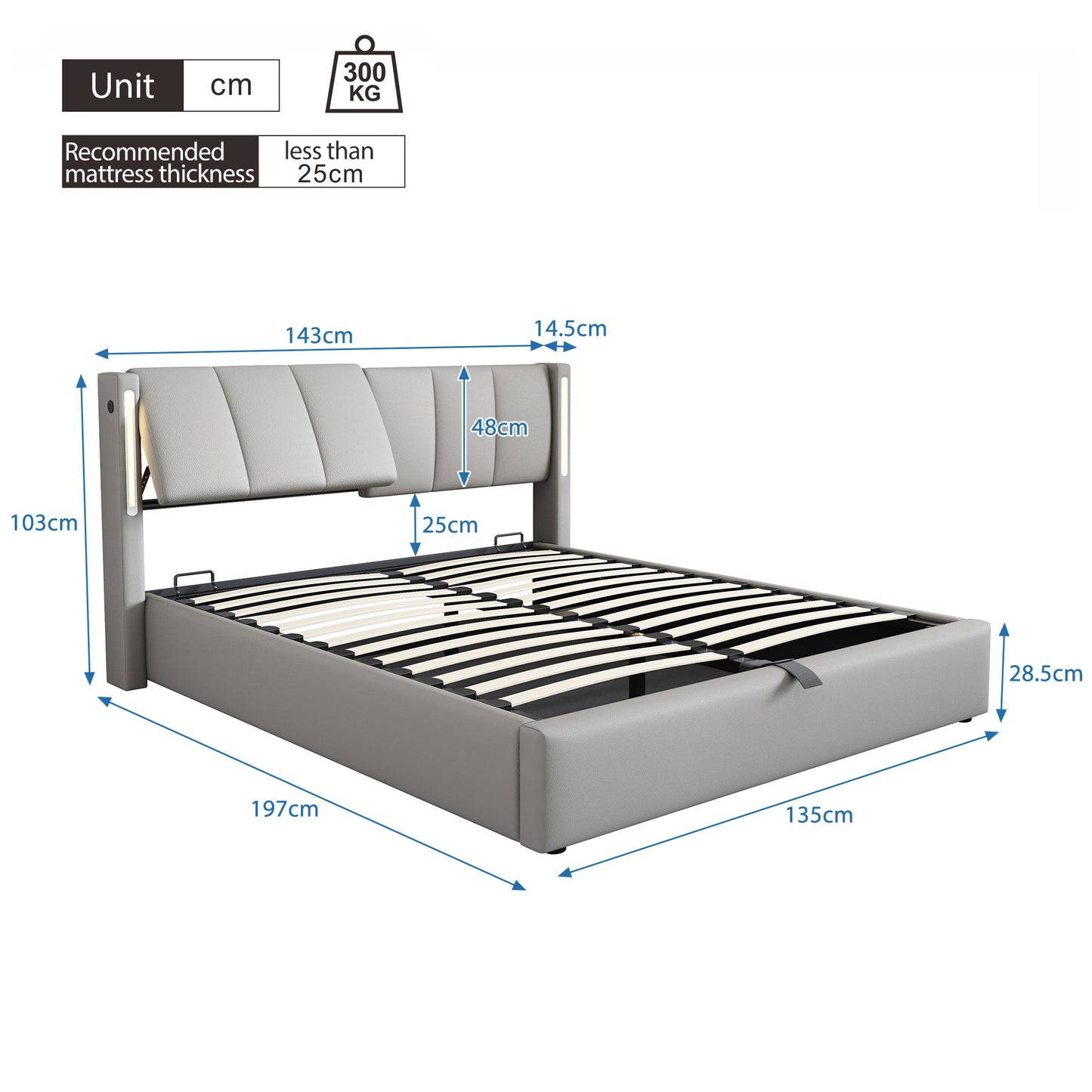 LED Upholstered Bed ,Double Bed-4ft6 135X190cm Hydraulic Bed, Rechargeable USB Port In Bed, With LED Lighting, With Storage Space, Adjustable Headboard, PU , Grey