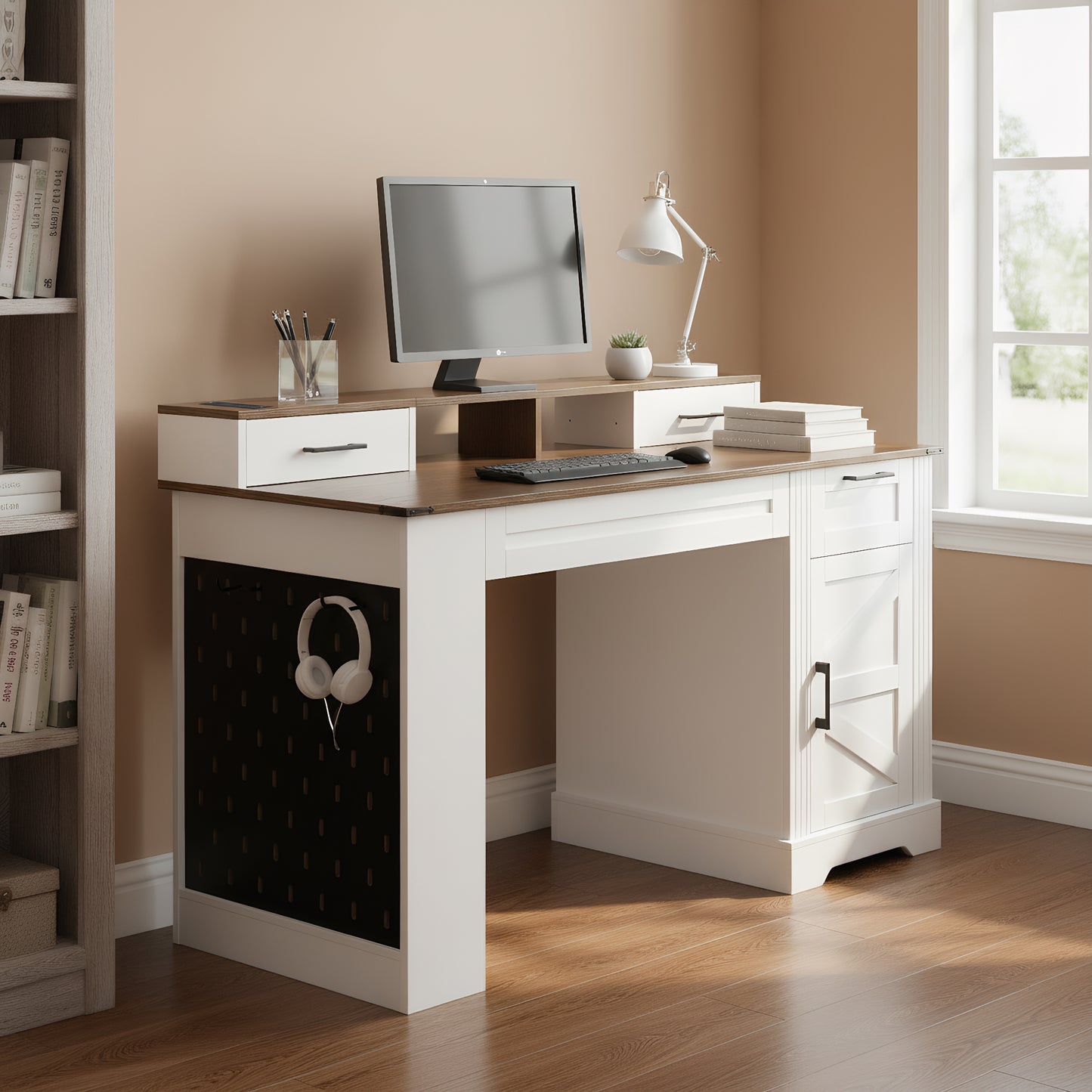 55 Farmhouse Office Desk With Storage Cabinet  Charging Station, Barn Door Design Computer Writing Desk With Keyboard Tray, Monitor Stand And Pegboard For Study, Living Room, Home Office, White