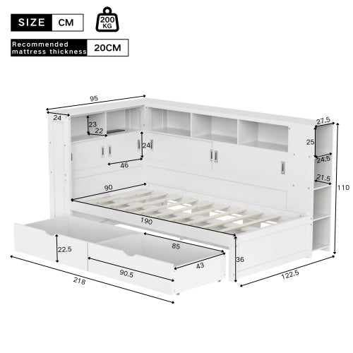 Platform Bed With Trundle  Bookcase  USB,Single Bed-3ft 90x190cm,Household Bed, Multifunctional Bed,with 2 Storage Drawers, Dust-proof Cabinet And Shelves, Large Storage Space,white