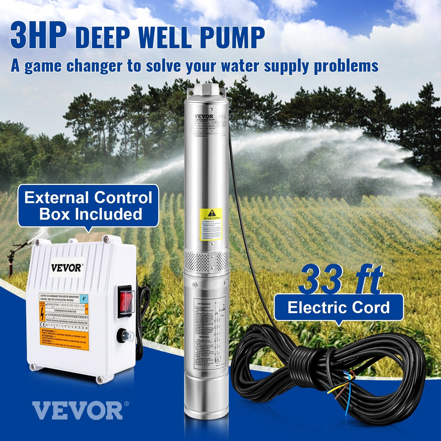 Deep Well Submersible Pump, 3HP 230V/60Hz, 37GPM 640 Ft Head, With 33 Ft Cord & External Control Box, 4 Inch Stainless Steel Water Pumps For Industrial, Irrigation And Home Use, IP68 Waterproof