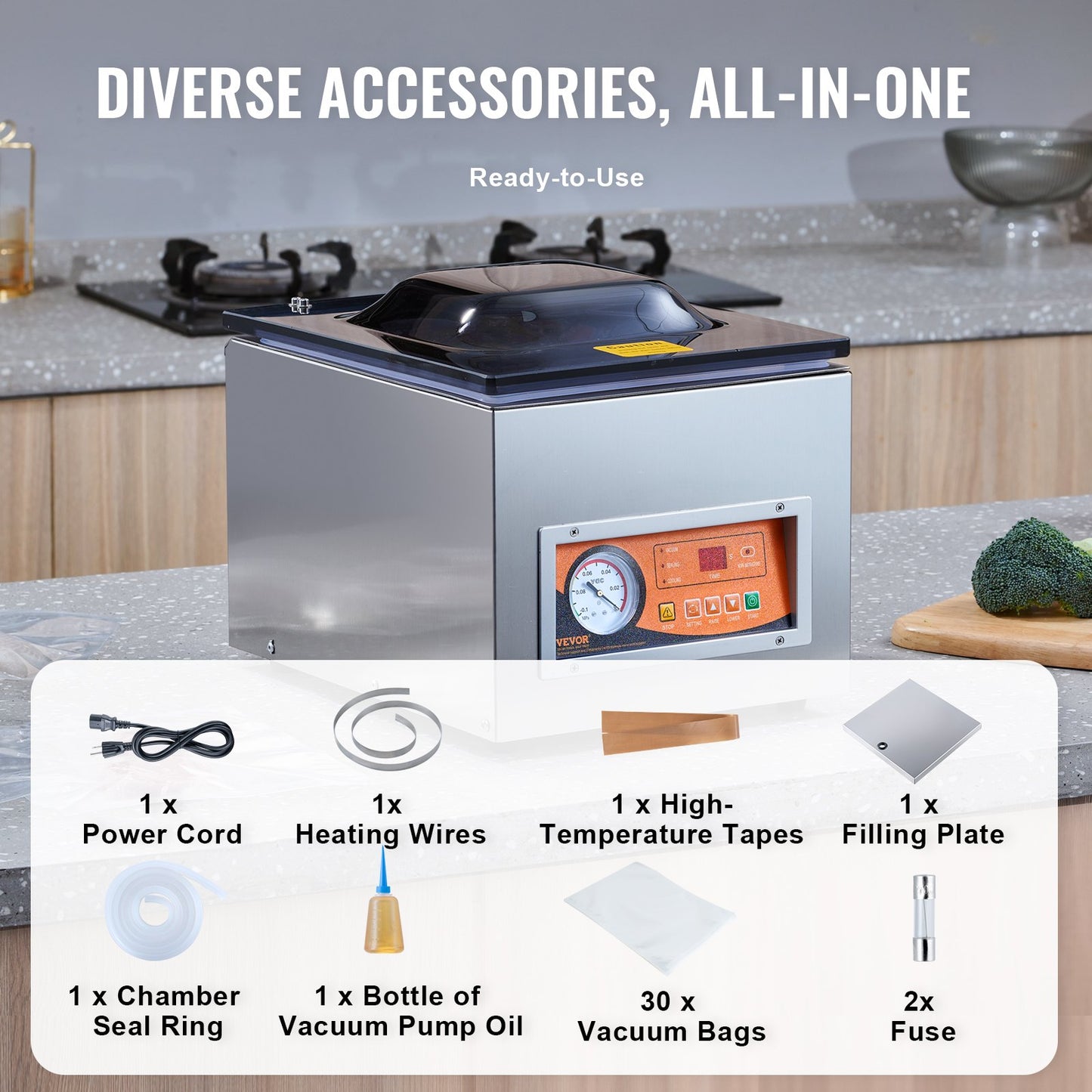 Chamber Vacuum Sealer, 260W Sealing Power, Vacuum Packing Machine For Wet Foods, Meats, Marinades And More, Compact Size With 10.2' Sealing Length, Applied In Home Kitchen And Commercial Use