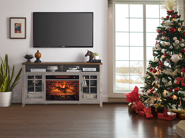55 Inch TV Media Stand With Electric Fireplace KD Inserts Heater,Gray Wash Color