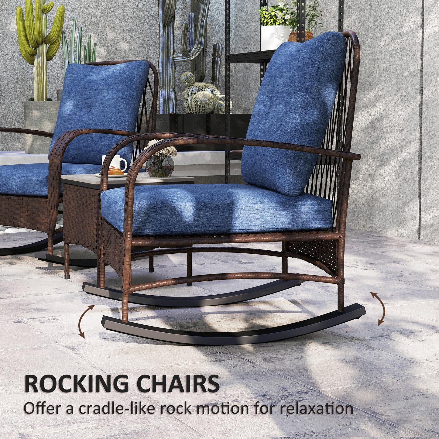 3 Piece Wicker Patio Furniture Set, Outdoor PE Rattan Rocking Chairs With Coffee Table, Cushions For Porch, Brown