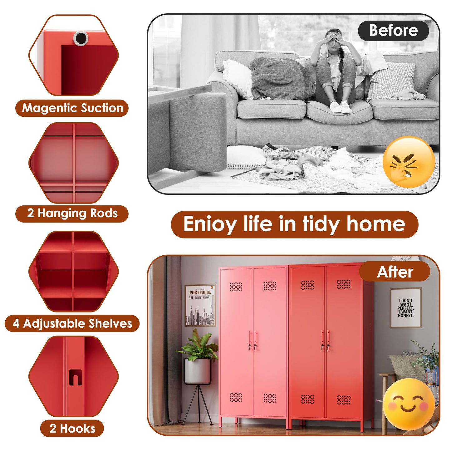 Deepen Metal Wardrobe Cabinet With Adjustable Shelves,Wardrobe Closet For Hanging Clothes,Metal Wardrobe Storage Cabinet For Home,Assembly Required,Red