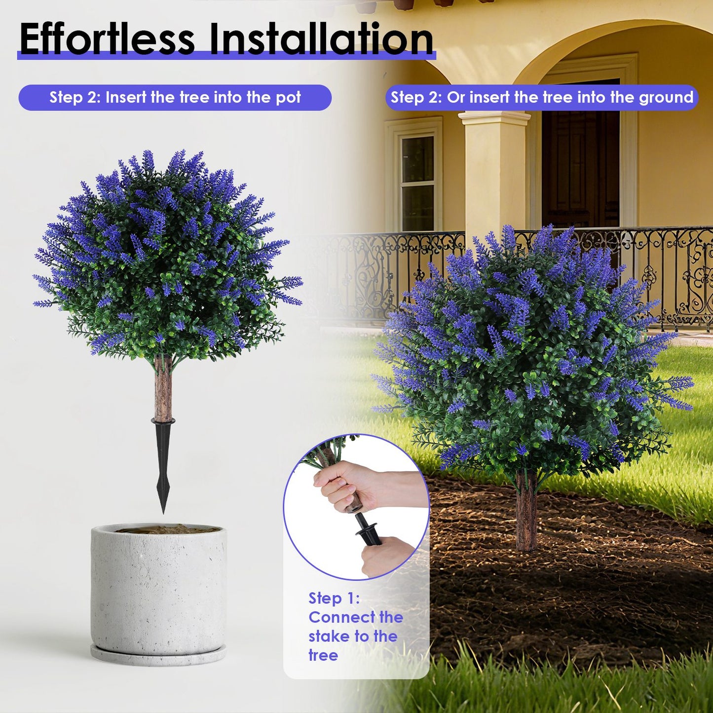 2 Packs Artificial Lavender Topiary Ball Trees UV Resistant Artificial Shrubs Fake Plants Evergreen Artificial Bush With Ground Spike For Indoor Outdoor Front Porch Garden