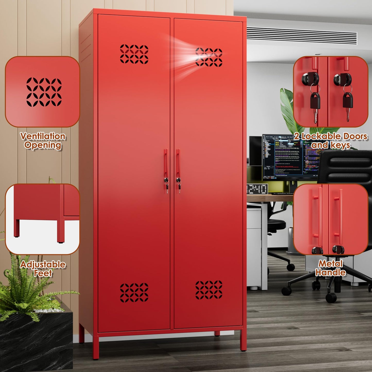 Deepen Metal Wardrobe Cabinet With Adjustable Shelves,Wardrobe Closet For Hanging Clothes,Metal Wardrobe Storage Cabinet For Home,Assembly Required,Red