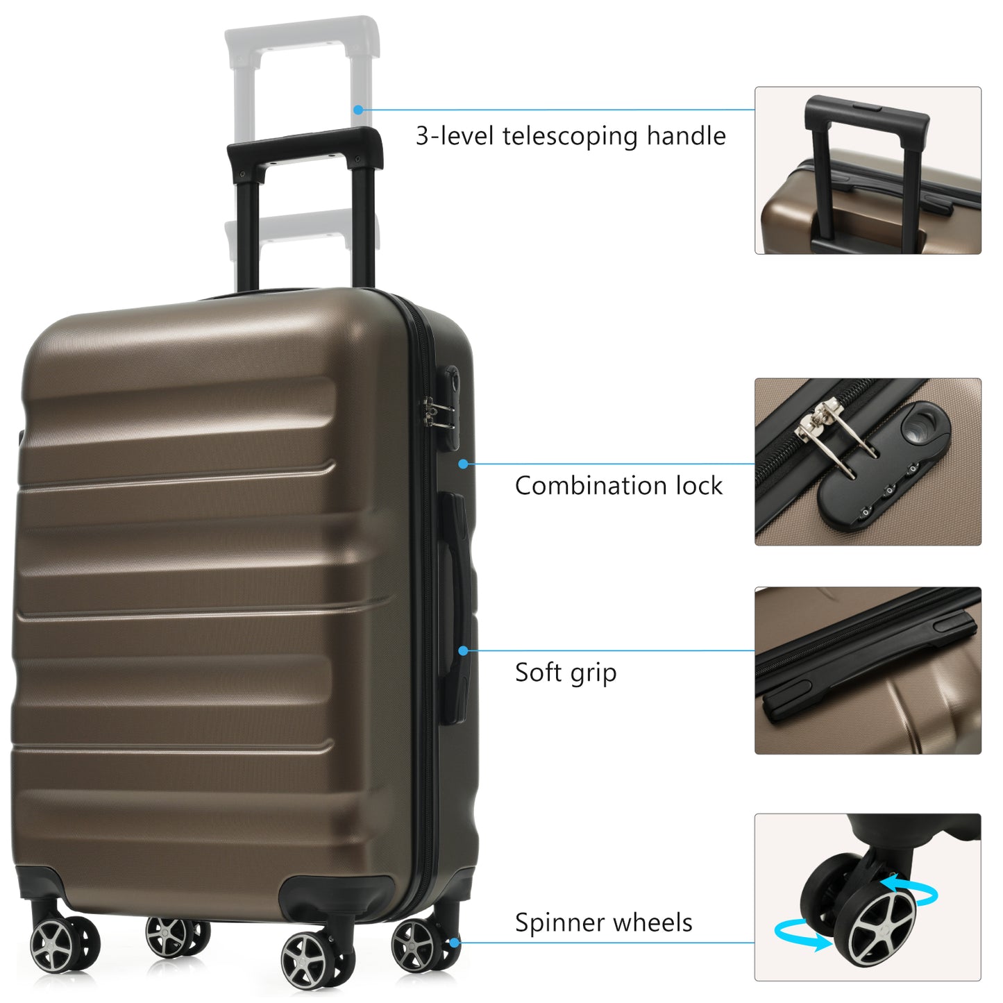 Hardshell ABS Luggage Set, 24-Inch Checked Suitcase With Spinner Wheels, Lightweight Travel Luggage With 2 Packing Cubes For Men  Women