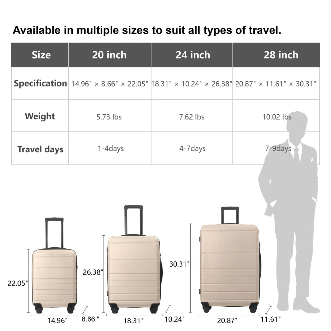 Luggage Sets ABS Hardshell 3pcs Luggage, Lightweight Durable Suitcase Sets Spinner Wheels Suitcase With TSA Lock 20''24''28'' Available Beige