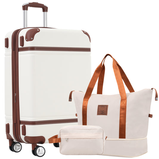 Hardshell Luggage Sets With Bags Lightweight Suitcase Double Spinner Wheels With TSA Lock ,Single Vintage Luggage 28 IN,White