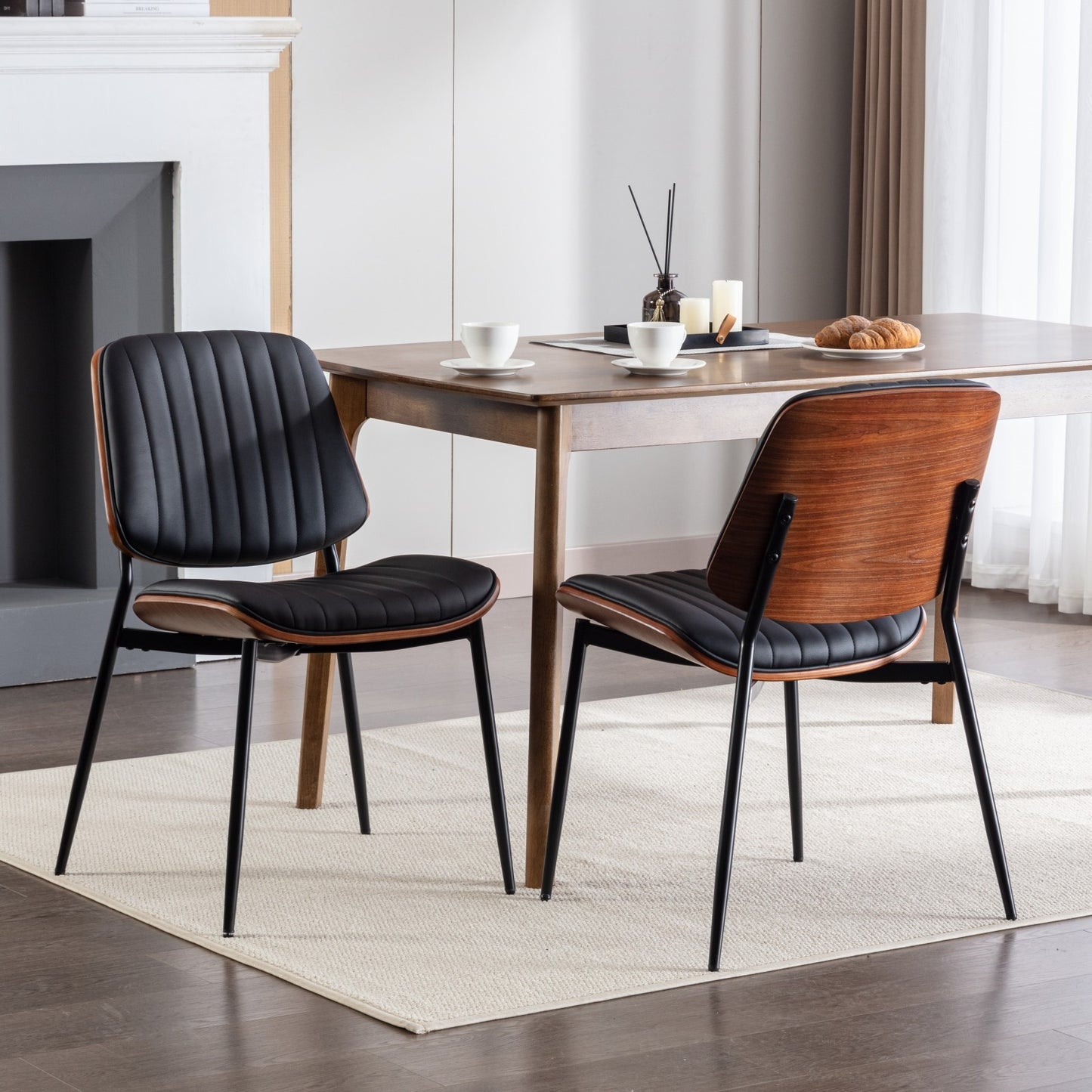 A&A Furniture, Dining Chairs Set Of 2 Mid Century Modern Retro Faux Leather Chair With Walnut Bentwo
