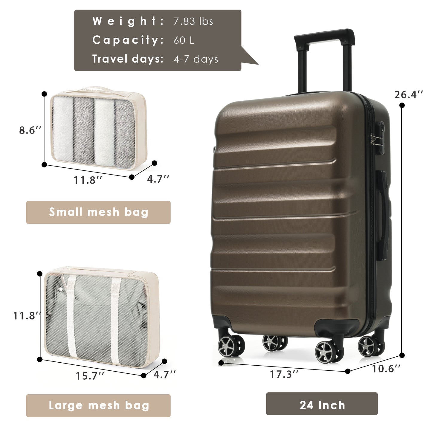 Hardshell ABS Luggage Set, 24-Inch Checked Suitcase With Spinner Wheels, Lightweight Travel Luggage With 2 Packing Cubes For Men  Women