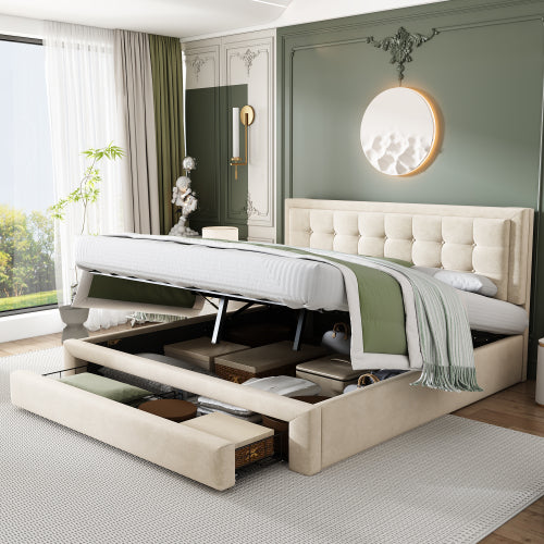 Upholstered Bed,Double Bed-4ft6135X190cm, Velvet Fabric, Double Bed, Large Storage Space,With Slats And Headboard,Without Mattress,Cream