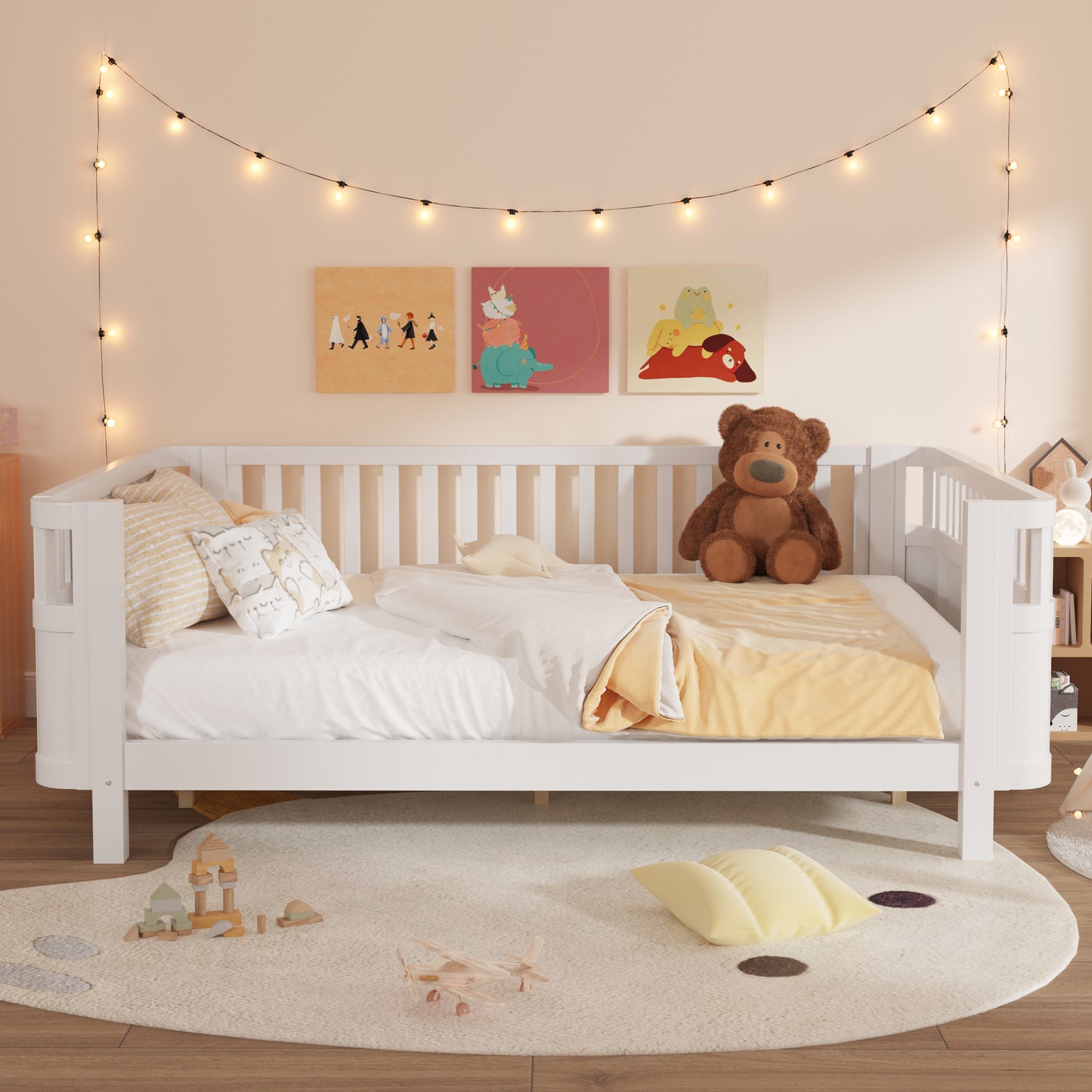 Queen Size Wood Platform Bed, Wood Low Profile Queen Bed With Rails For Girls And Boys, White