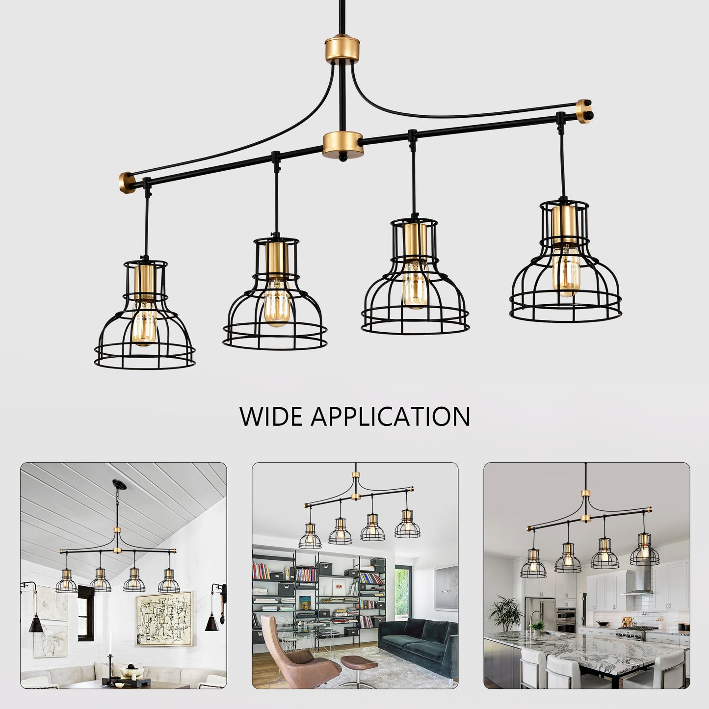 Dining Room Light Fixture Chandelier Over Table, 40-Inch Hanging For Farmhouse Linear Chandeliers,4-Light Kitchen Island Lighting,Matte Black And Matte Gold Ceiling Chandelier,with Metal Lampshade