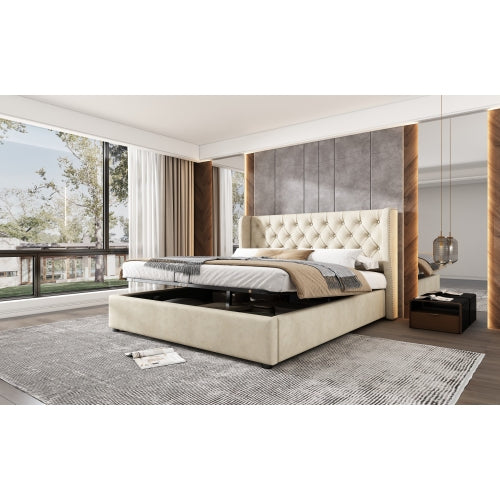 Upholstered Bed, With Hydraulic Lever, Functional Bed From Storage, 135 X 190 Cm, Without Mattress, Velvet, Beige