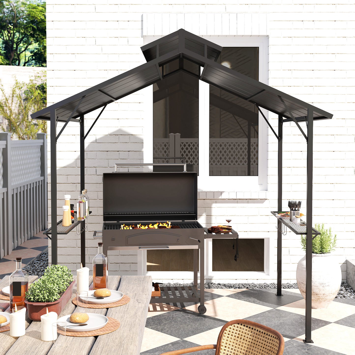 8 x 5ft Hardtop Grill Gazebo with Double Metal Roof, 2 Side Shelves and 10 Hooks for Patio Backyard Lawn Deck