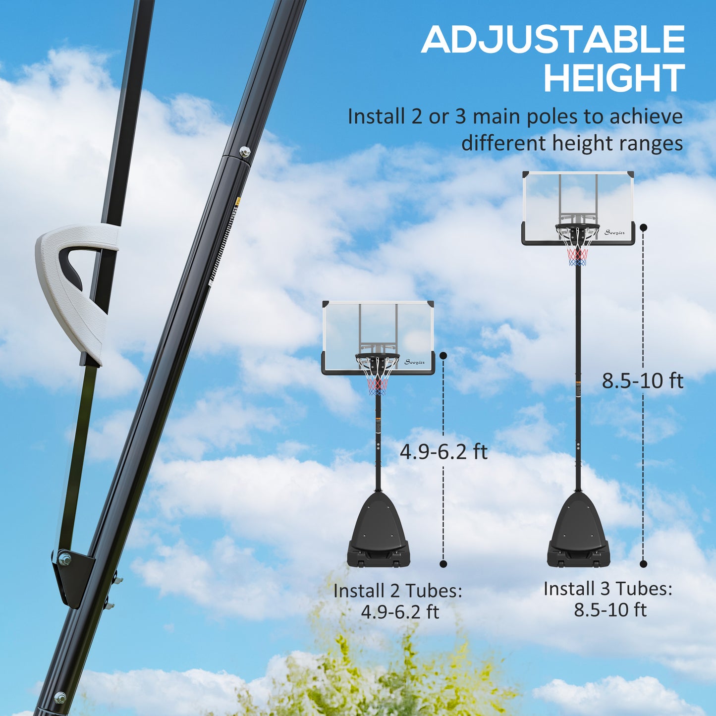 4.9-10' Basketball Stand, Freestanding Basketball System With 44" Shatterproof Backboard, Rebound System And Wheels