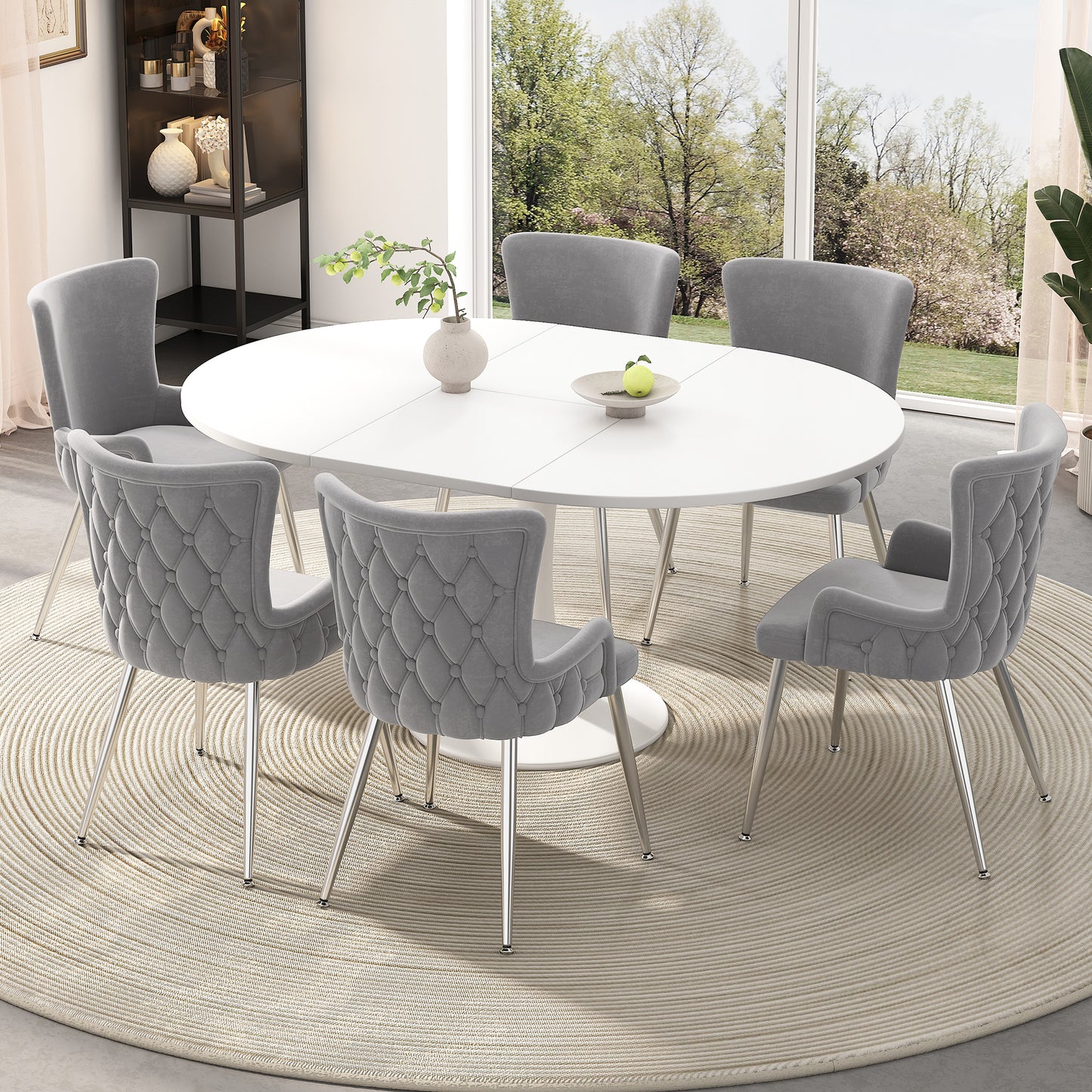 Velvet Dining Chair, Set Of 6, Luxurious Living Room Bedroom Lounge Chair With Four Silver-colored Metal Support Legs, Grey