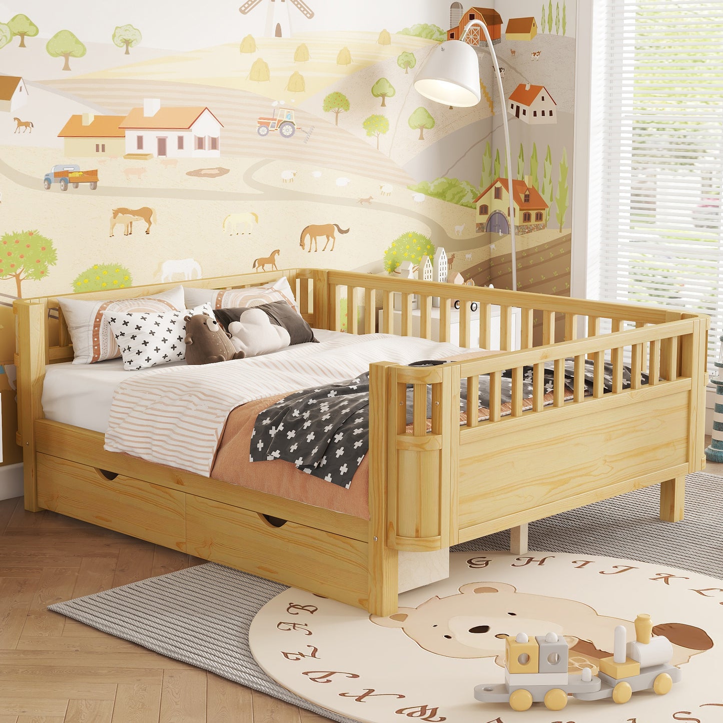 Full Size Wood Platform Bed For Kids, Wood Low Profile Full Bed With Rails For Girls And Boys, Natural