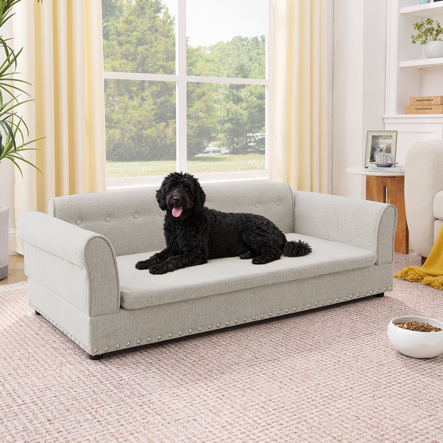 Oversized Pet Sofa ,Elegant Modern Linen Fabric Elevated Dog Sofa Bed, Comfortable Oversized Rectangular Pet Bed With Backrest & Armrest For Large & Oversized Dogs-Beige