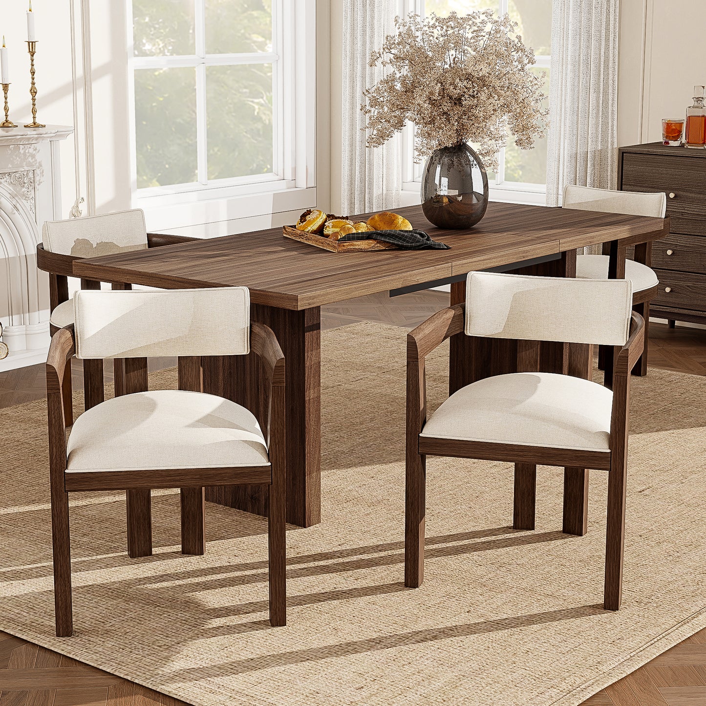 Set Of 6, Solid Wood Chairs, Dining Chairs, Suitable For Homes, Restaurants, Living Rooms, And Cafes, Linen, Walnut Wood Color
